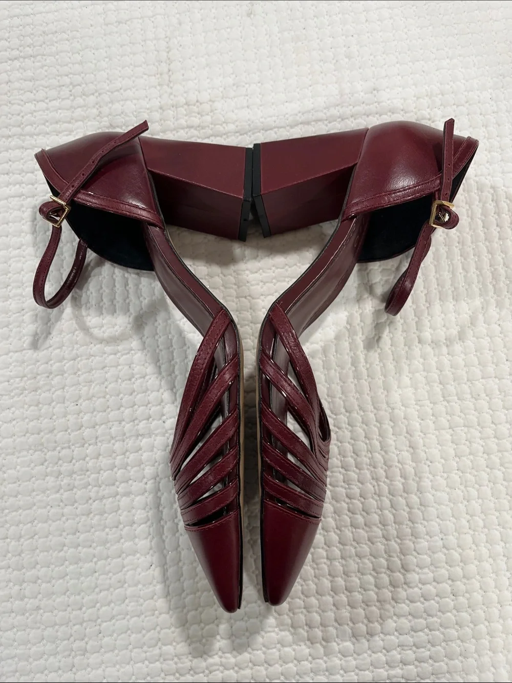 Corello Burgundy Leather Strappy Block Heel Pumps Ankle Strap Square Toe US 9